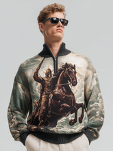 Men's zipped stand-up collar knitted knight print top